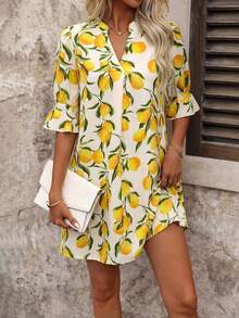 SHEIN Clasi Đầm nữ họa tiết hoa mùa thu mới, đầm ngắn đa năng phù hợp cho mặc hàng ngày, đi chơi và nhiều dịp khác nhau. - Màu vàng - Xem 4