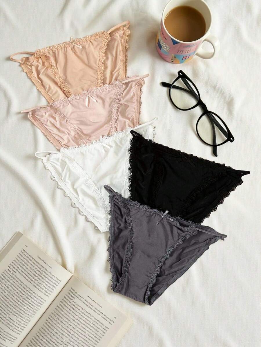 Ropa interior de bikini de tela lisa y multicolor para mujer con ribete de encaje en contraste - Multicolor - Ver 1