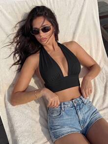 Bonvoyette Backless Crop Halter Top - Black - View 5