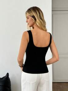 SHEIN Áo tank top nữ màu trơn, trang trí kim loại, dáng ôm, phong cách thường ngày. - màu đen - Xem 2