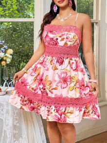 SHEIN Clasi Plus Size Women's Solid Color Simple Daily Lace Splice Cami Dress For New Year Clothes - Multicolor - View 1