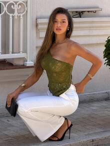 DAZY Women's Lace Sheer Sexy Fitted Oblique Shoulder Backless Tie-Up Casual Beach Golf Summer Camisole Top Going Out Tops Halter Top Pastal School - Green - View 6