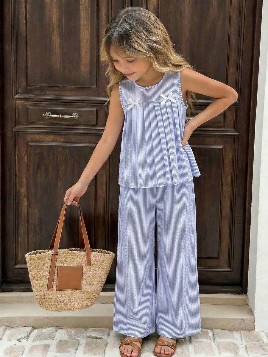 SHEIN Girls' Light Blue Striped Summer Cute Vacation Holiday Set,Sleeveless Crew Neck Bow Decor Pleated Hem Top & Loose Wide-Leg Pants Casual Sports Outfit