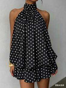 Tween Girl Polka Dot Print Fashion Halter Dress - Black - View 2