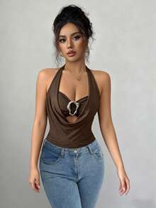 SHEIN Elenzya Women's Elegant Black Draped Neck Sleeveless Fitted Tank Top With Metal Decor, Ruched Design, Suitable For Spring And Summer Zipper Top Body Tops For Ladies - Coffee Brown - View 6
