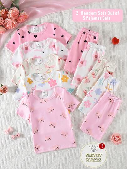(2 al azar de 5 sets) Conjunto de ropa interior acogedora con estampados florales, lazos, corazones, gatitos y cerezas para niñas, conjuntos a juego, ideal para salidas casuales y uso en interiores