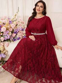 Modelyn Plus Size Women Floral Jacquard Round Neck Lantern Sleeve Elegant Dress Fall - Burgundy - View 2