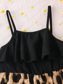 SHEIN Bộ áo liền quần không tay in hoa dễ thương cho bé gái, thích hợp cho mùa hè. - màu đen - Xem 4