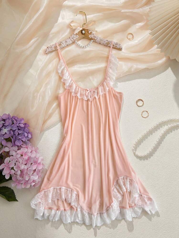 Sexy Lace Ruffle Patchwork Sheer Mesh Camisole Mini Nightgown For Women