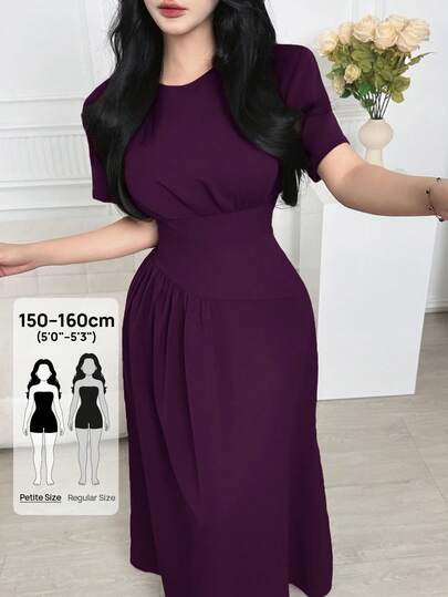 Feyla Petite Đầm dài nữ màu trơn cổ tròn tay ngắn, thắt eo, kiểu dáng thanh lịch