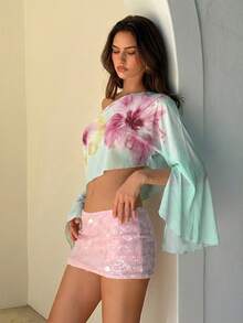 Aloruh 女士优雅露肩单斜肩印花薄纱喇叭袖沙滩度假T恤 - 綠色 - 查看 9