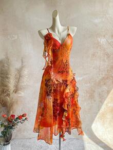 Soleia Plus Size Vintage Bohemian Animal Print Orange Jellyfish Ruffle Trim Shiny Chiffon Dress Beach Vacation Summer - Multicolor - View 11