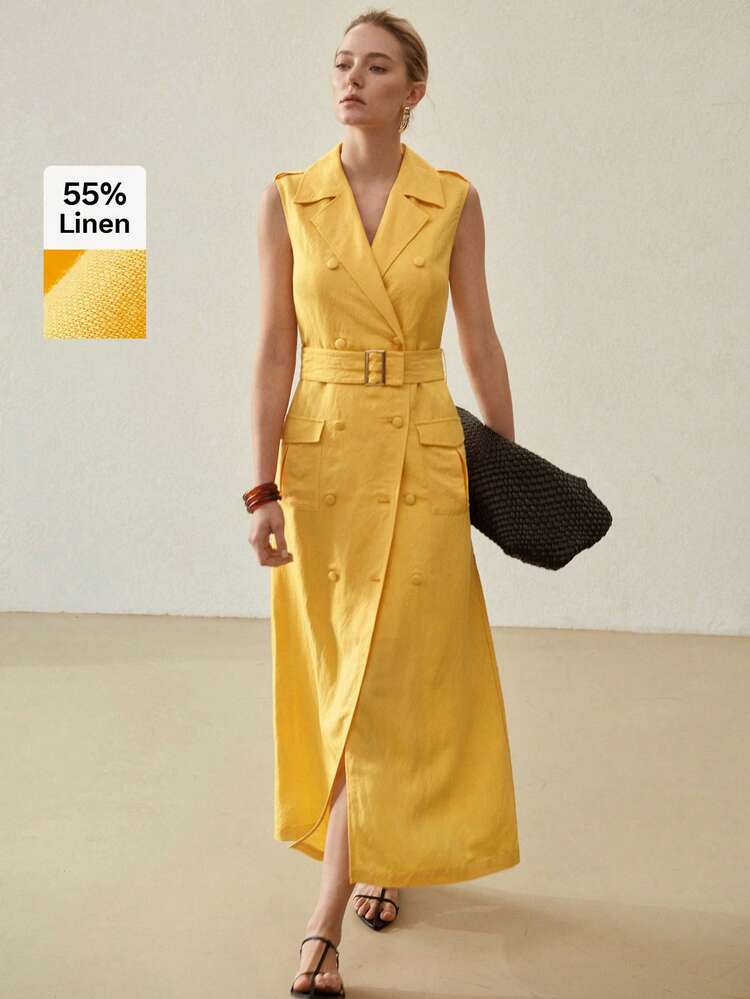LINEN BELTED DOUBLE BREASTED DRESS