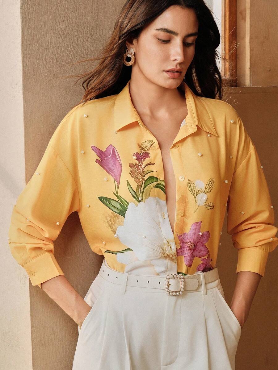 Anewsta 刺绣泡泡珠花卉印花设计时尚宽松休闲女式衬衫 - 黃色 - 查看 1