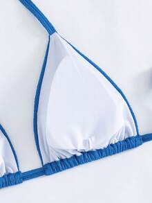 Slaydiva Top de traje de baño de talla grande para vacaciones de verano, de unicolor y textura de cuello halter - Azul - Ver 7