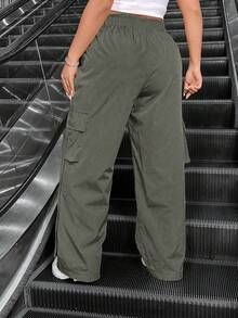 Plus Size Women Solid Color Casual Versatile Drawstring Waist Cargo Pants - Khaki - View 2