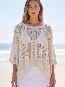 Swim Vcay 女士轻盈钩编宽松沙滩罩衫，飘逸蝙蝠袖波西米亚风比基尼罩衫，白色带微闪，适合夏季度假 - 白色 - 查看 4