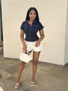 Alexandranx 休闲前扣短袖女式牛仔夹克 - 深色水洗藍 - 查看 1