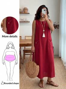 Enliva Vestido informal de cambio sin mangas de unicolor con bolsillos para mujeres talla grande - Burdeos - Ver 1