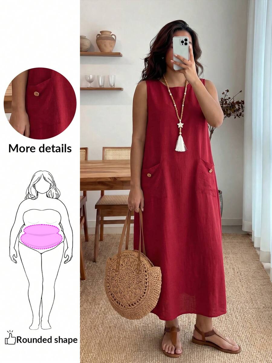 Enliva Vestido informal de cambio sin mangas de unicolor con bolsillos para mujeres talla grande - Burdeos - Ver 1