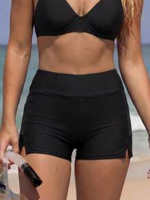 SHEIN Swim Summer Beach Women's Solid Color Swimming Shorts - Black - View 2