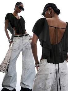 LYSMO 2026 New Minimalist Spring/Summer Women's Solid Color Ruffle Asymmetric Hem Blouse, Summer Top, Black - Black - View 9