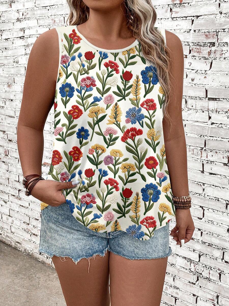 SHEIN VCAY Áo hai dây và áo tank top cỡ lớn, kiểu dáng thường ngày, in họa tiết hoa, thích hợp cho mùa hè.