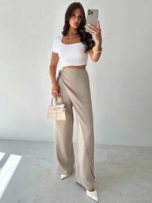 SHEIN Tall CURVE CURVE 大尺碼女款高個子卡其色夏季休閒寬腿長褲，綁帶高腰優雅長褲，適合度假、儀式與派對穿著 - 杏色 - 查看 8