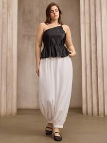 Flouryn Spaghetti Strap Glossy Solid Color Umbrella Hem Camisole Top Paired With Textured Solid Color Wide Leg Pants, Fashionable Commuter Outfit For Holiday - Multicolor - View 4