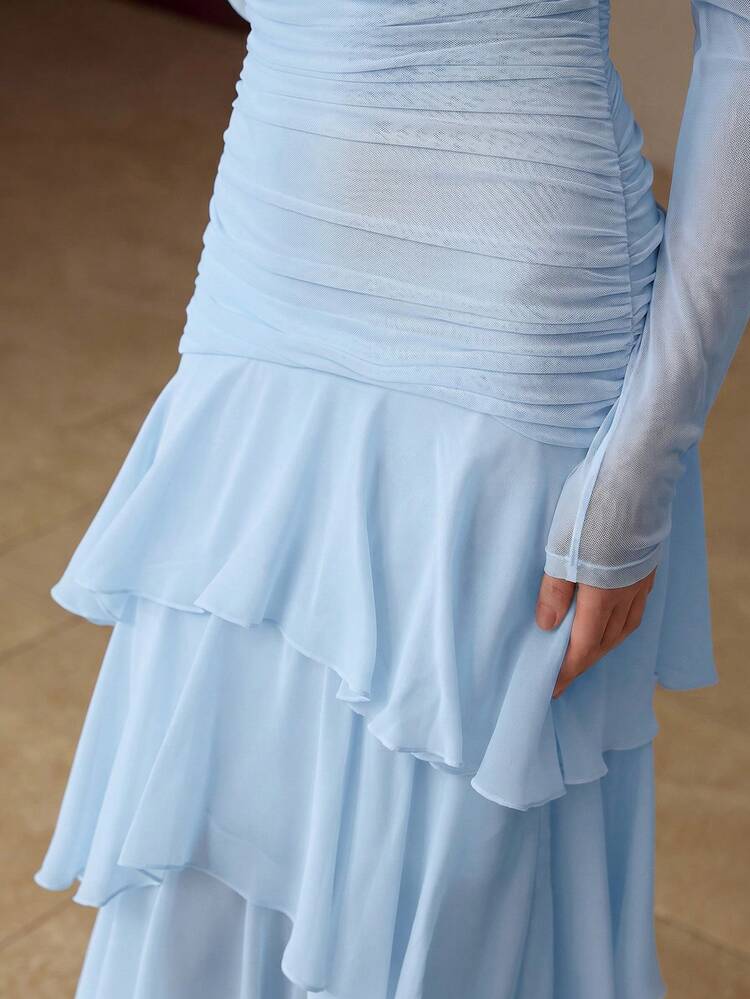 WOMEN'S RUCHED LAYERED RUFFLE HEM TEXTURED FITTED LONG DRESS, AUTUMN/WINTER