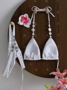Swim SXY 女士白色水钻露背紧身性感比基尼泳装，夏季镶钻比基尼套装，节日两件套七分白色比基尼套装，度假比基尼套装，女士聚拢泳装 - 白色 - 查看 8