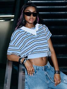 Asymmetrical Collared Neckline Striped Polo Top Fashionable Streetwear Cropped Polo Top - Blue - View 6