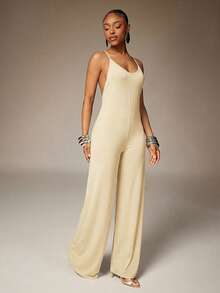 Denimoi Open Back Wide Leg Jumpsuit Sexy Jumpsuits X-Back Jumpsuits Vacation Ibiza European Summer - Apricot - View 5