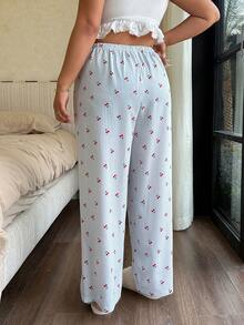 Napfluff CURVE Napfluff CURVE Plus Size Women Casual Comfortable Striped Cherry Print Drawstring Loose Straight Woven Pajama Pants - Baby Blue - View 2