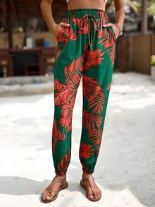 SHEIN PETITE Quần dài nữ kiểu dáng thường ngày, họa tiết cây nhiệt đới, có dây rút, thích hợp cho kỳ nghỉ xuân/hè. - Nhiều màu - Xem 5