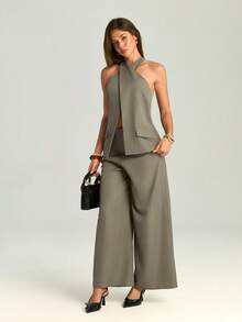 Firerie 女士优雅休闲通勤亚麻西装外套和阔腿裤两件套 / 不规则交叉衬衫上衣和宽松直筒裤套装，优雅套装，教师装 / 女士棕灰色亚麻修身腰部交叉衬衫裤两件套 / 女士两件套，适合妇女节 / 返校季 / 商务休闲女装 / 复古风女装 / 办公室着装 / 套装 / 女士社交西装外套 / 修身露背上衣 / 女士优雅休闲两件套 - 卡其色 - 查看 7