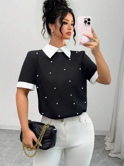 Elenzga 黑白撞色珍珠装饰短袖衬衫，通勤装，大码