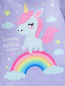 Young Girl' Navy Blue Cute Unicorn Print Short Sleeve Shorts 2 Pieces Pajama Set - Mauve Purple - View 5