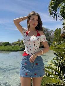Skyraze Women's Red And White Cherry Print Halter Neck T-Shirt,Cute Summer Crop Top,Layered Design Casual Top For Vacation,Holiday - Red and White - View 2