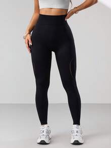 Dewbera 女士无缝镂空运动紧身裤 - 黑色 - 查看 3