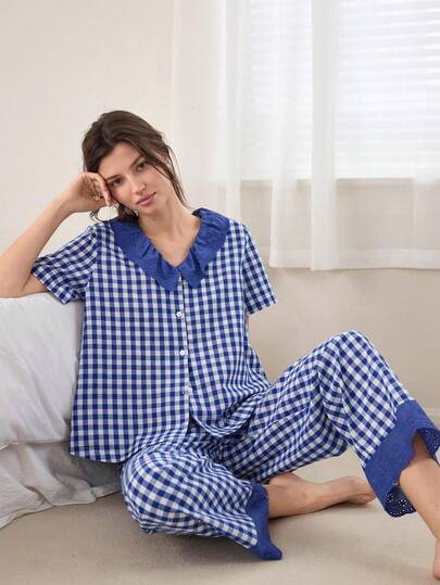 Ocili Bộ đồ ngủ ngắn tay bằng vải cotton kẻ caro thoải mái, cài nút bằng vỏ sò tự nhiên, thêu ren, cổ ve lật, dành cho nữ.