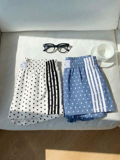 Comfortcana 2pcs Women's Summer Polka Dot Contrast Color Waistband Shorts, Suitable For Sports, Vacation Season, Graduation Season, World Cup Match Day, Suitable For Summer, Suitable For Vacation, Polka Dot Print Dress, Polka Dot, Circular Dot, Ducati Dot, Summer Dress, Suitable For Daily Commute, Dating, Party, Autumn Winter Summer, Christmas, New Year, Thanksgiving, Party, Wedding, Beach, Graduation Ceremony, Fashion, Elegant, Casual, Outing, Dating, Reservation, Commuting, Shiny, Valentine's Day, Elegant, Vacation, Casual, Y2K, Outing, Graduation Ceremony, Etc.