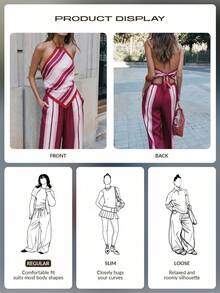 Nöista Co-Ord Halter Neckline With Red Trim And Diagonal Navy, White, And Gray Stripes On The Top. The Wide-Leg Pants Continue The Vertical Stripe Pattern. Set, Spring, Summer, Easter. - Pink - View 12