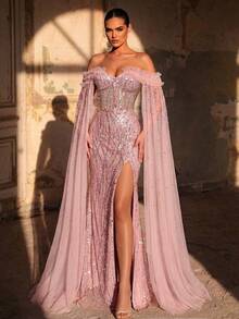 Glamrae Elegant Luxurious Pearl Sequin Mesh Splice Off-Shoulder 3D Rhinestone Handmade Beaded Sheer Extra Long Sleeve Mermaid Side High Slit Tie Formal Dress - Pink - View 7