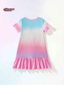 THE POWERPUFF GIRLS X SHEIN Maija Kids 少女休闲可爱IP合作款印花短袖睡裙，彩色扎染撞色荷叶边袖口 - 彩色 - 查看 3