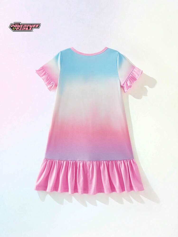 THE POWERPUFF GIRLS X SHEIN Maija Kids 少女休闲可爱IP合作款印花短袖睡裙，彩色扎染撞色荷叶边袖口 - 彩色 - 查看 3
