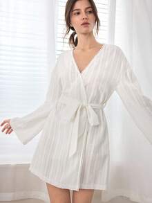 Ocili 100%纯棉波西米亚提花针织柔软系带睡袍，休闲家居服 - 白色 - 查看 7