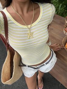 SHEIN EZwear Summer Vacation Yellow Striped Knit Bodycon T-Shirt - Pale Yellow - View 4