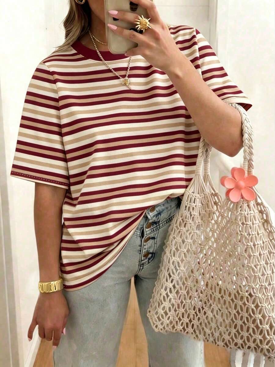 EMERY ROSE 女士条纹短袖T恤,休闲户外服,可爱T恤,家居服 - 彩色 - 查看 1