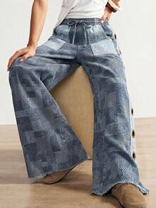 Bohemela Quần jeans ống rộng dáng suông, họa tiết graffiti đường phố, kiểu dáng thường ngày dành cho nữ, có khuy bấm bên hông. - Nhiều màu - Xem 4